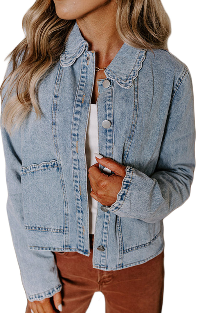 Scallop Trim Collar Patched Pocket Button Up Denim Jacket