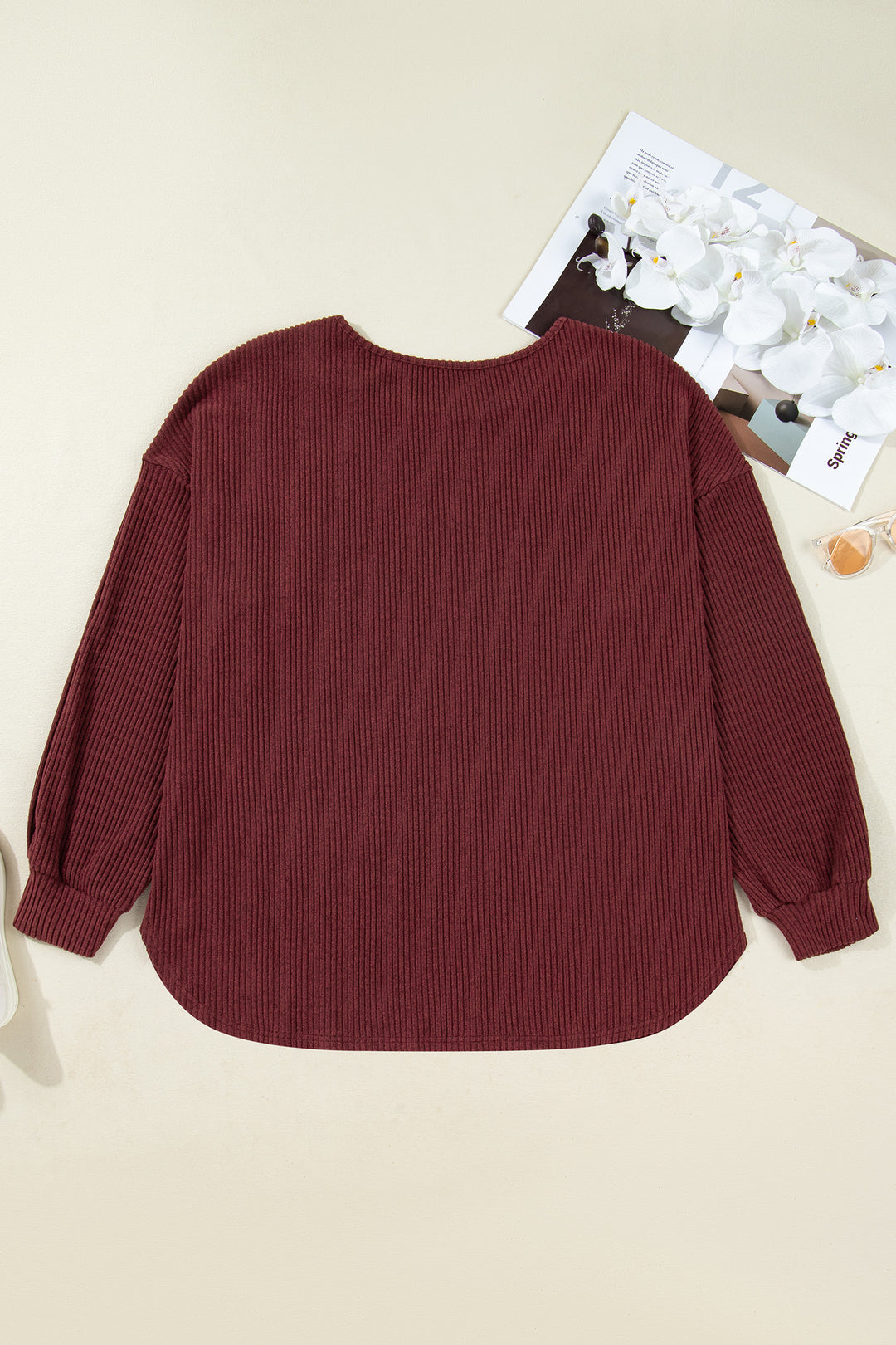Wild Ginger Plus Size Ribbed Button Decor Long Sleeve Loose Top
