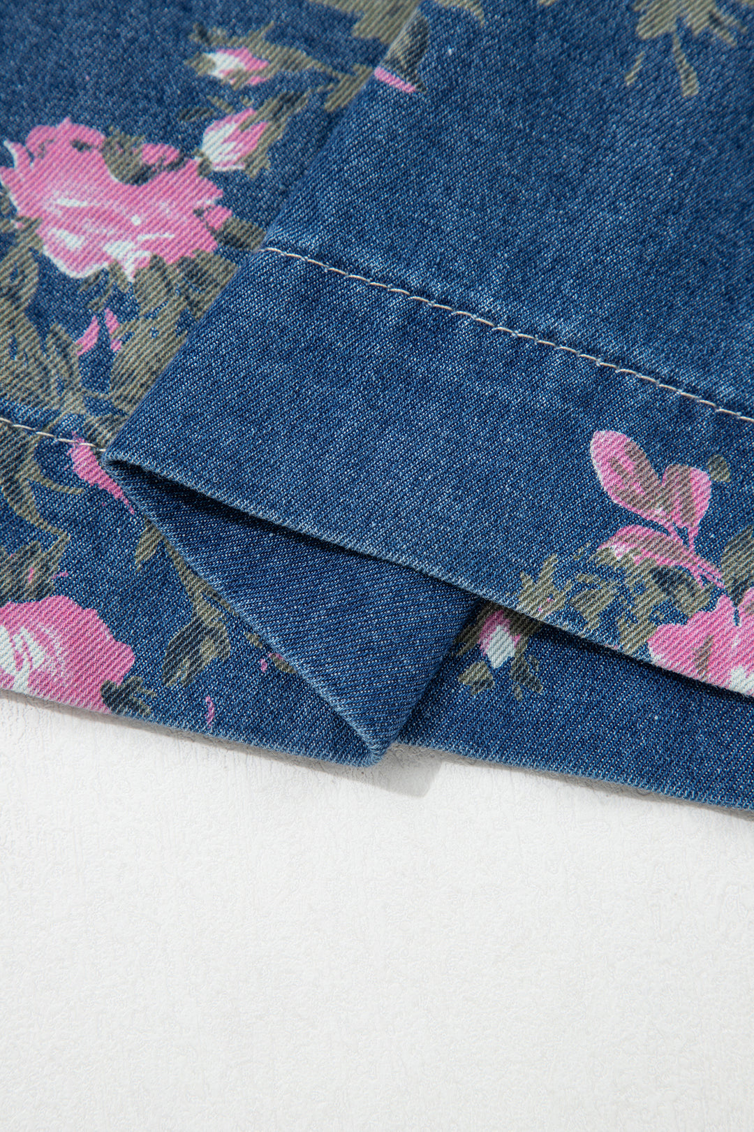 Blue Retro Floral Print Tie Elastic Waist Button Pintuck Wide Leg Jeans