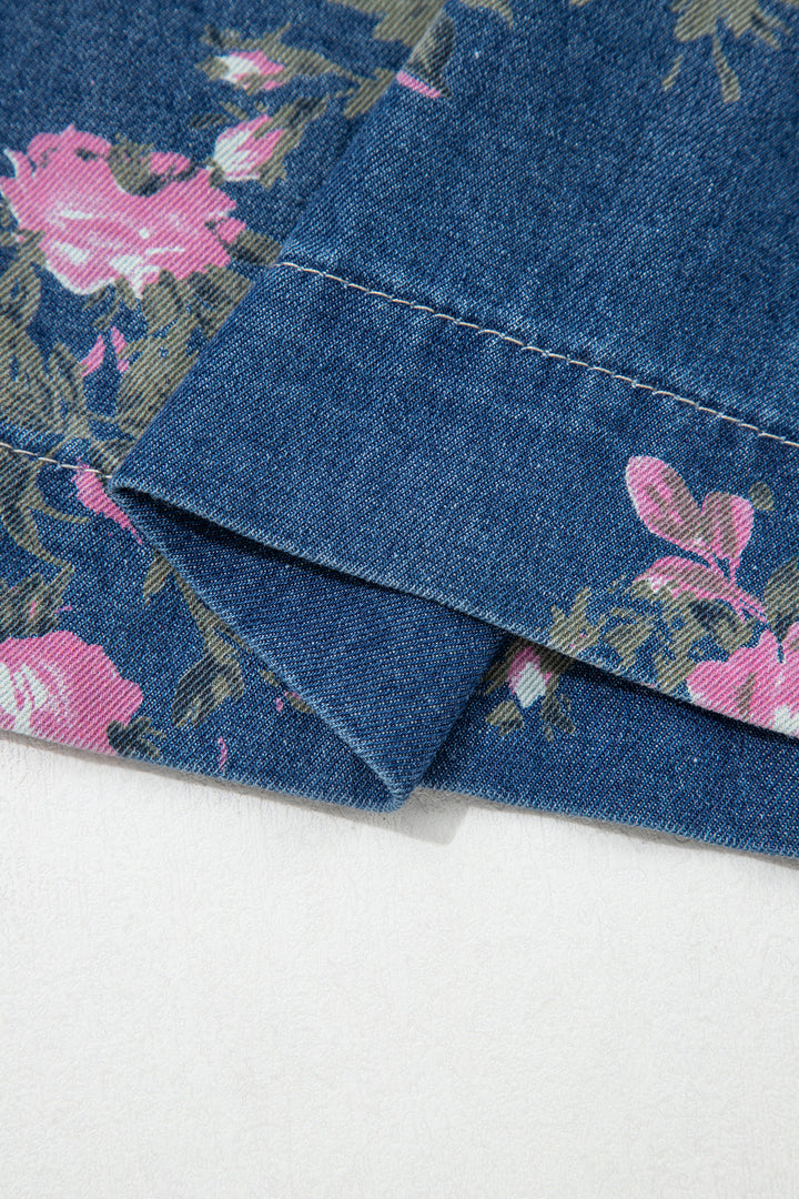 Blue Retro Floral Print Tie Elastic Waist Button Pintuck Wide Leg Jeans
