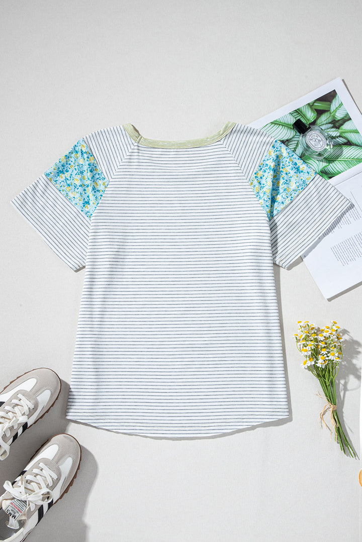 Floral Insert Sleeves Contrast Round Neck Tee