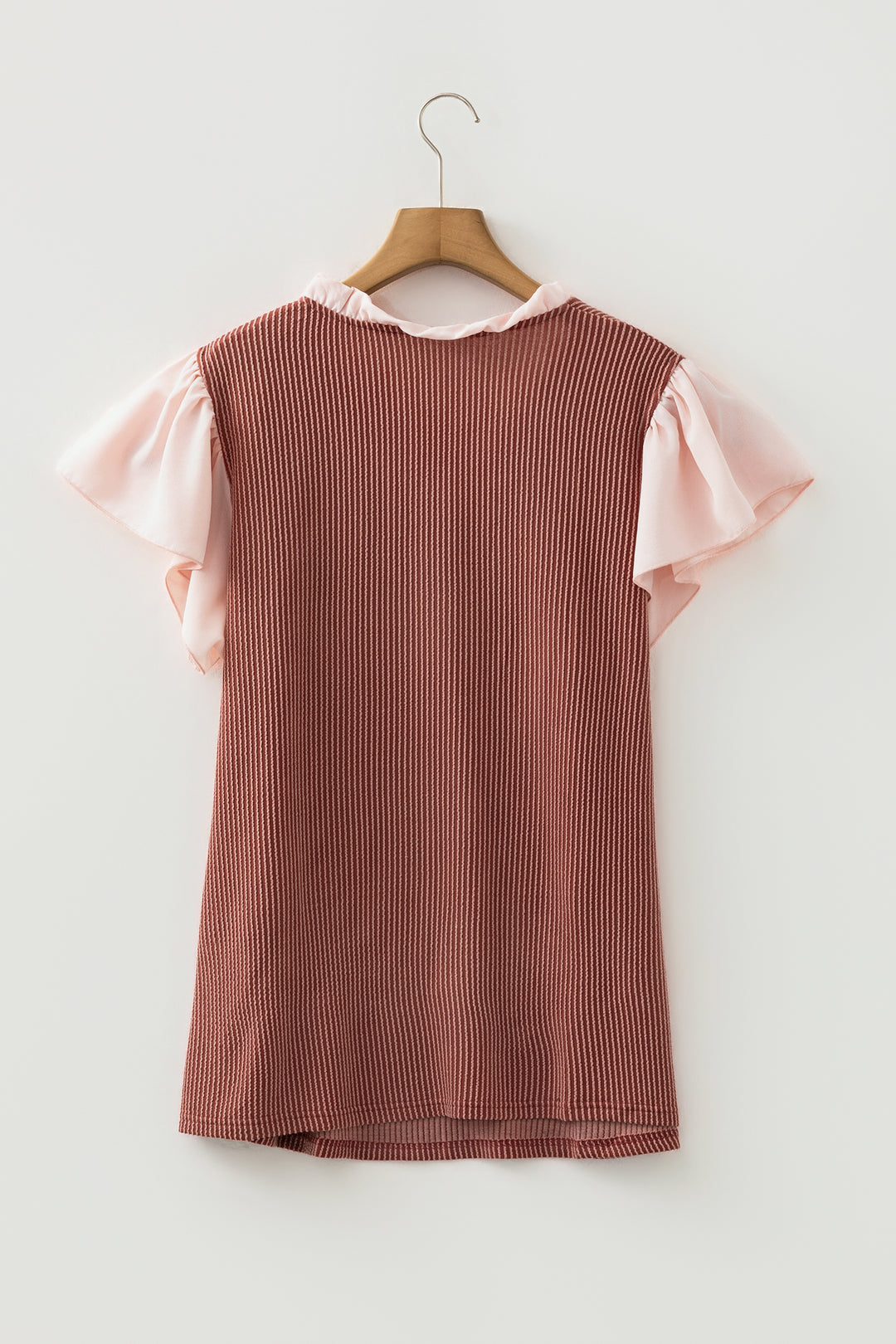Rose Pink Plus Size Contrast Frilled Neckline Ruffled Short Sleeve Ribbed Textured Blouse