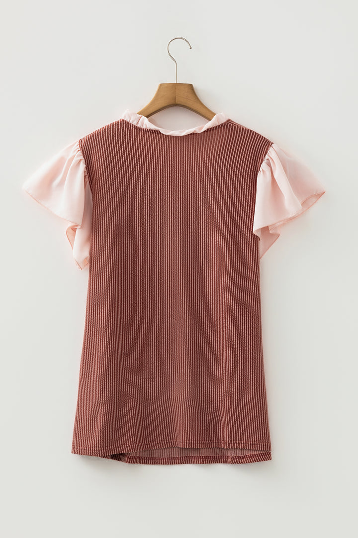 Rose Pink Plus Size Contrast Frilled Neckline Ruffled Short Sleeve Ribbed Textured Blouse