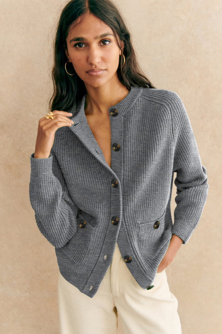 Chunky Buttoned Front Round Neck Cardigan Sweater
