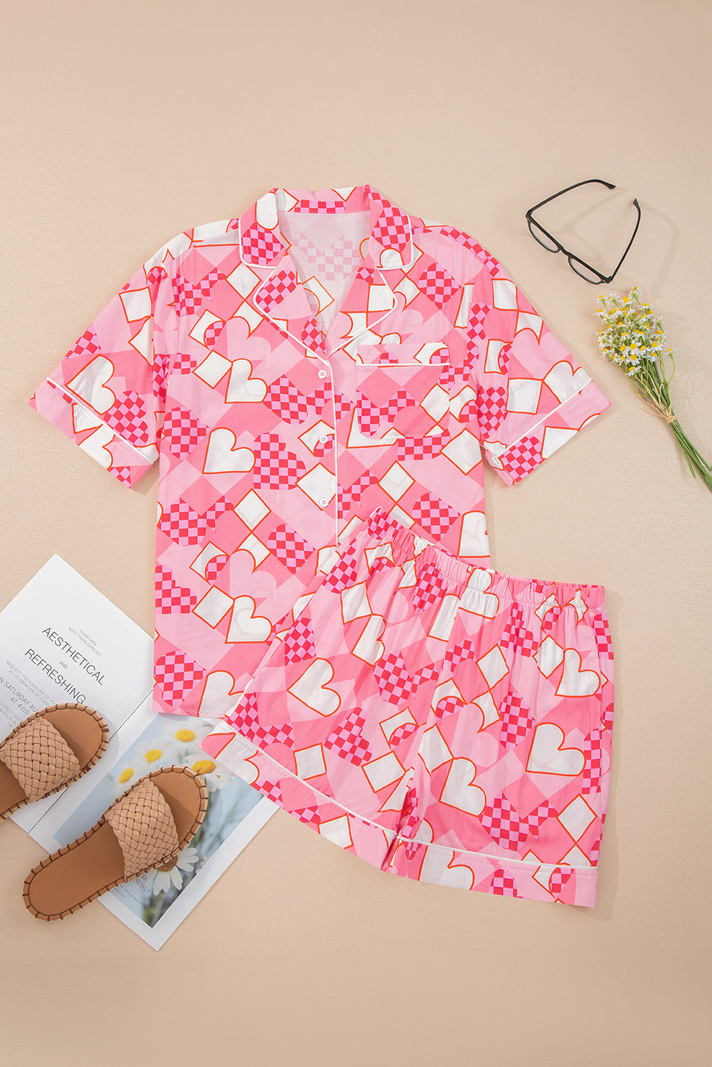Pink Heart Print Shirt Style Silky Short Pajama Set