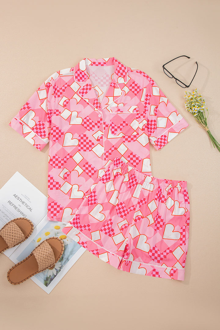 Pink Heart Print Shirt Style Silky Short Pajama Set
