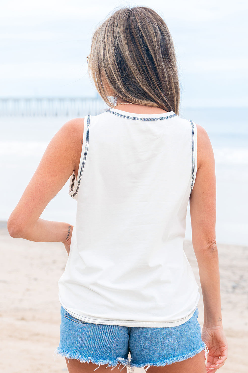 sweet bow stitching trim sleeveless top