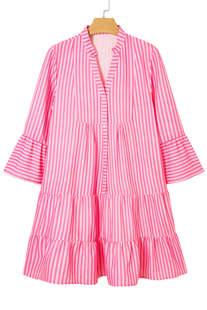 Flare Sleeve Half Placket Tiered Flowy Mini Dress