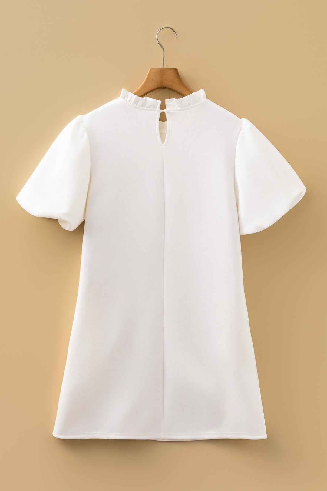 White Frilled Round Neck Short Puff Sleeve Shift Mini Dress