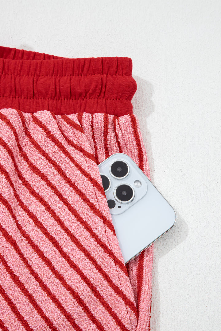 Rose Stripe Crew Neck Tee Drawstring Waist Cropped Pants Set