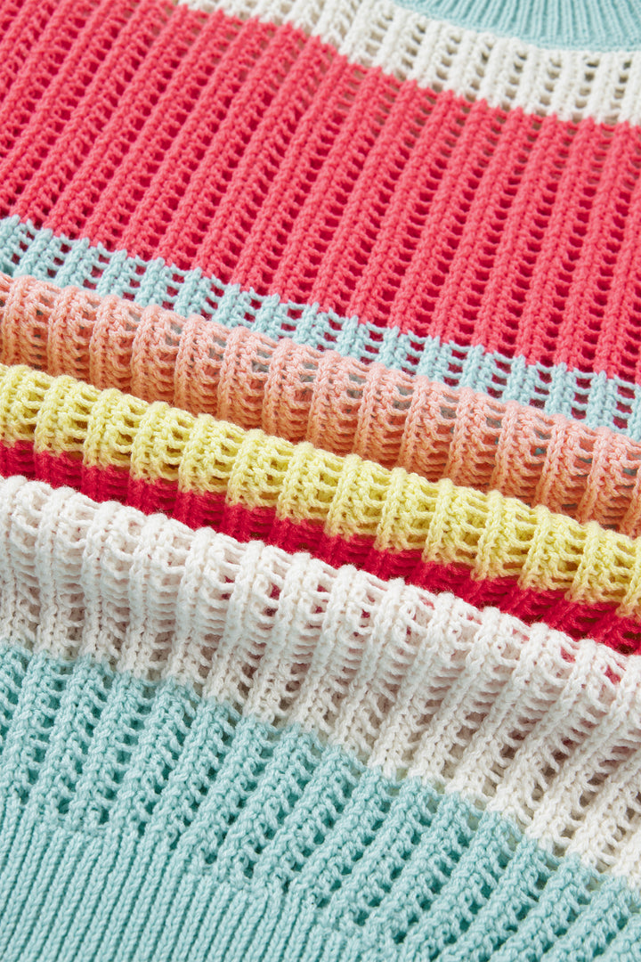 Color Block Hollow Out Knit Short Sleeve Sweater