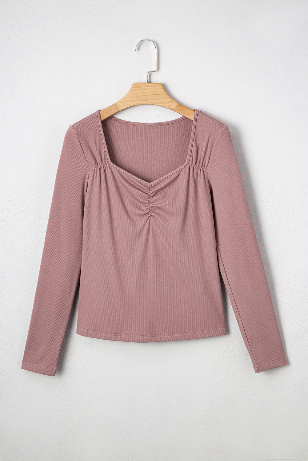 Gathered Bust Square Neck Ribbed Fit Long Sleeve Top