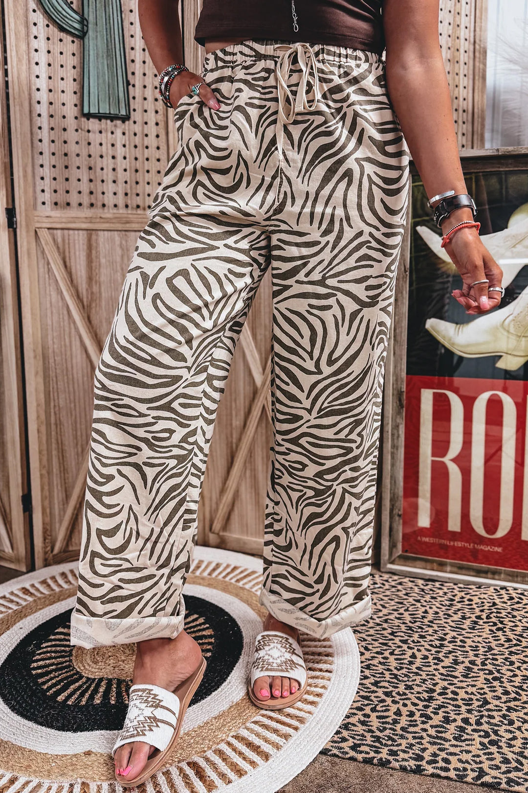 Multicolour Western Print Zebra Pattern Elastic Waist Pocket Full-Length Pants
