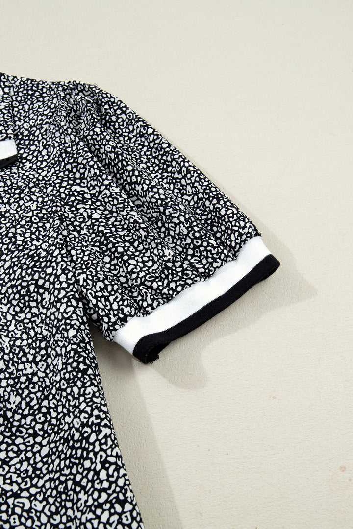 Leopard Print Contrast Striped Trim Polo Collar Short Sleeve Dress with Pockets