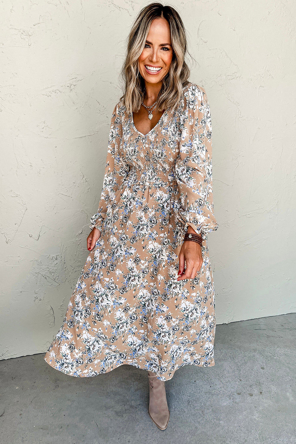 Maple Grove Floral Smocked Puff Sleeve Long Dress