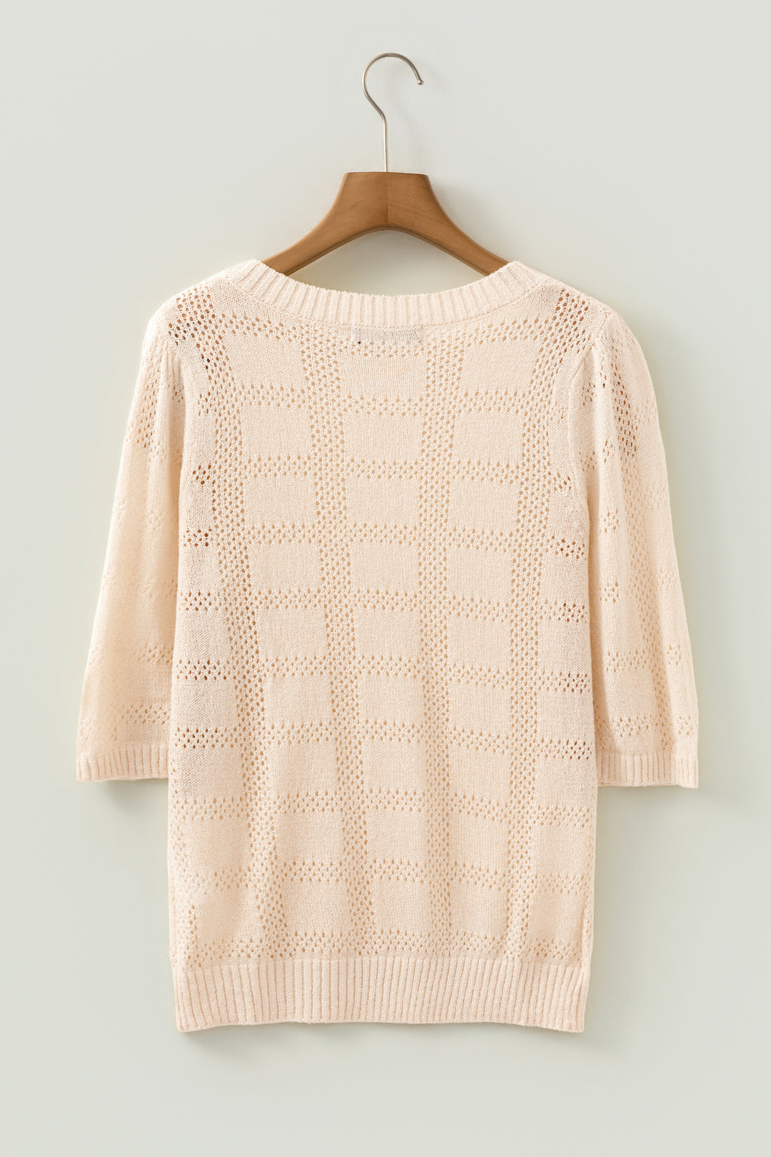 Plaid Pattern Crochet Knit Short Sleeve Sweater