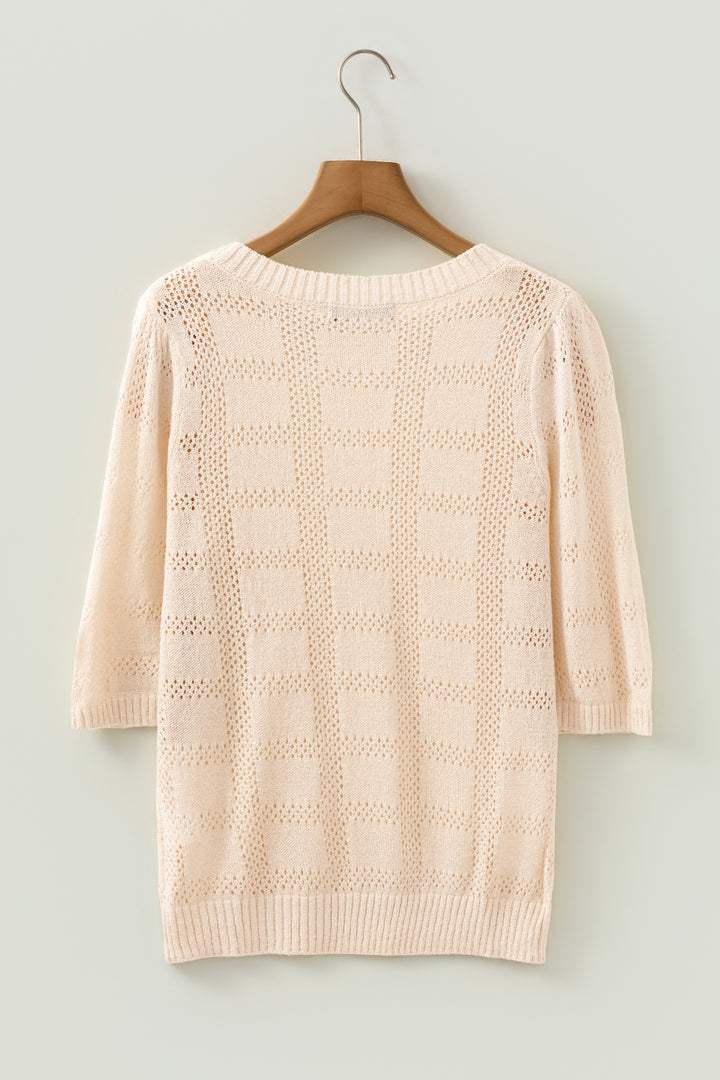 Plaid Pattern Crochet Knit Short Sleeve Sweater