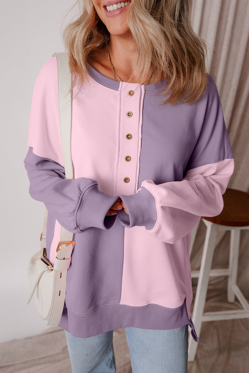 Colorblock Henley High Low Oversize Sweatshirt