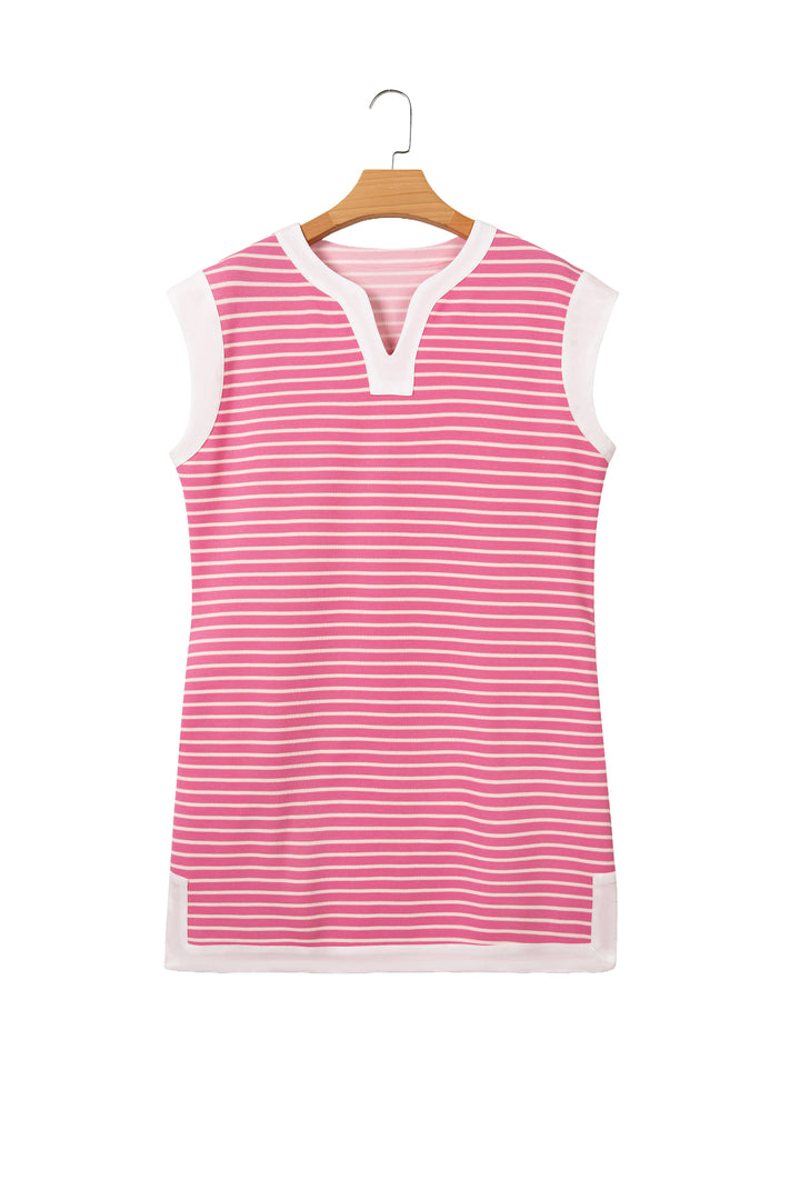 Pink Stripe Color Block Trim Notched Neck Sleeveless Shift Mini Dress