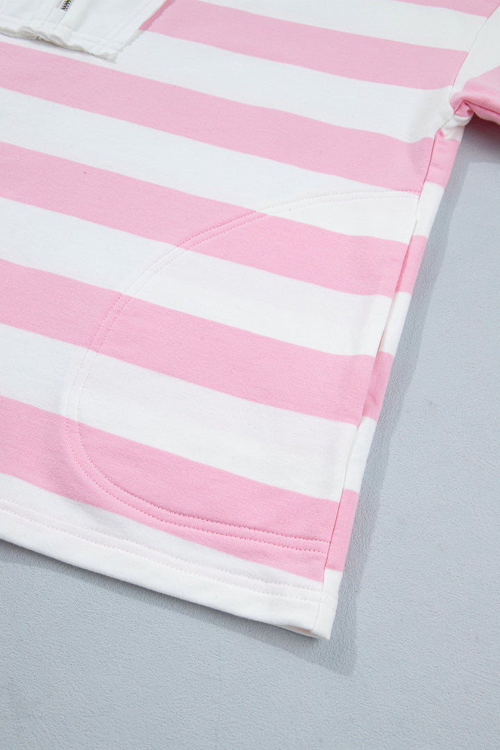 Pink Stripe Patchwork Zipper Pullover Elastic Waist Shorts 2pcs Set
