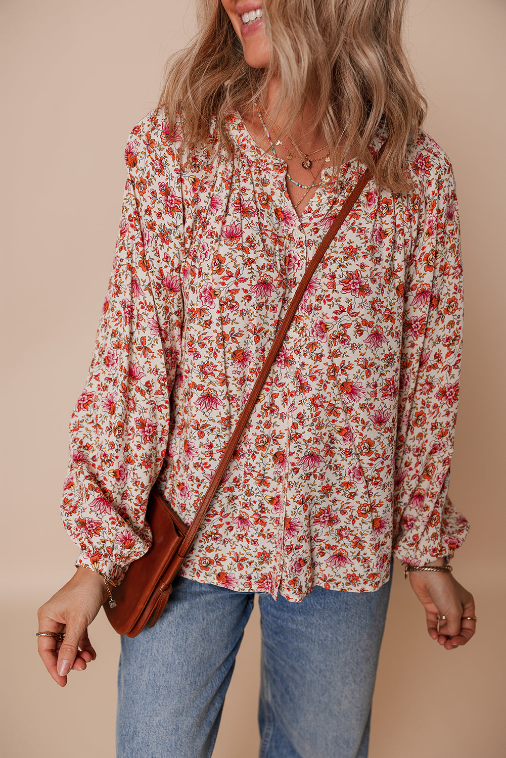 Floral Print Pleated Detail Notched Neck Puff Sleeve Blouse
