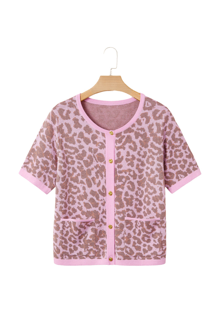 Pink Leopard Button Down Short Sleeve Sweater Cardigan