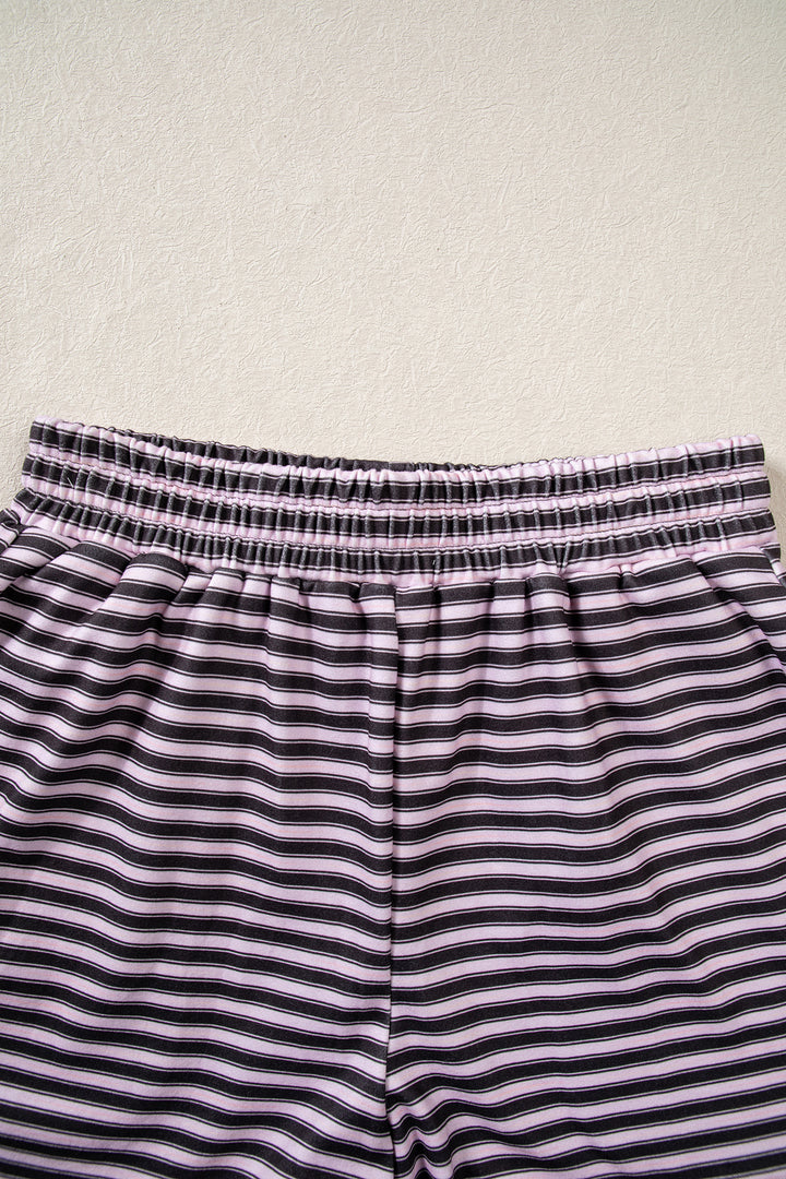 Brown Stripe Long Sleeve Oversized Top Pocketed Casual Shorts Two Piece Set