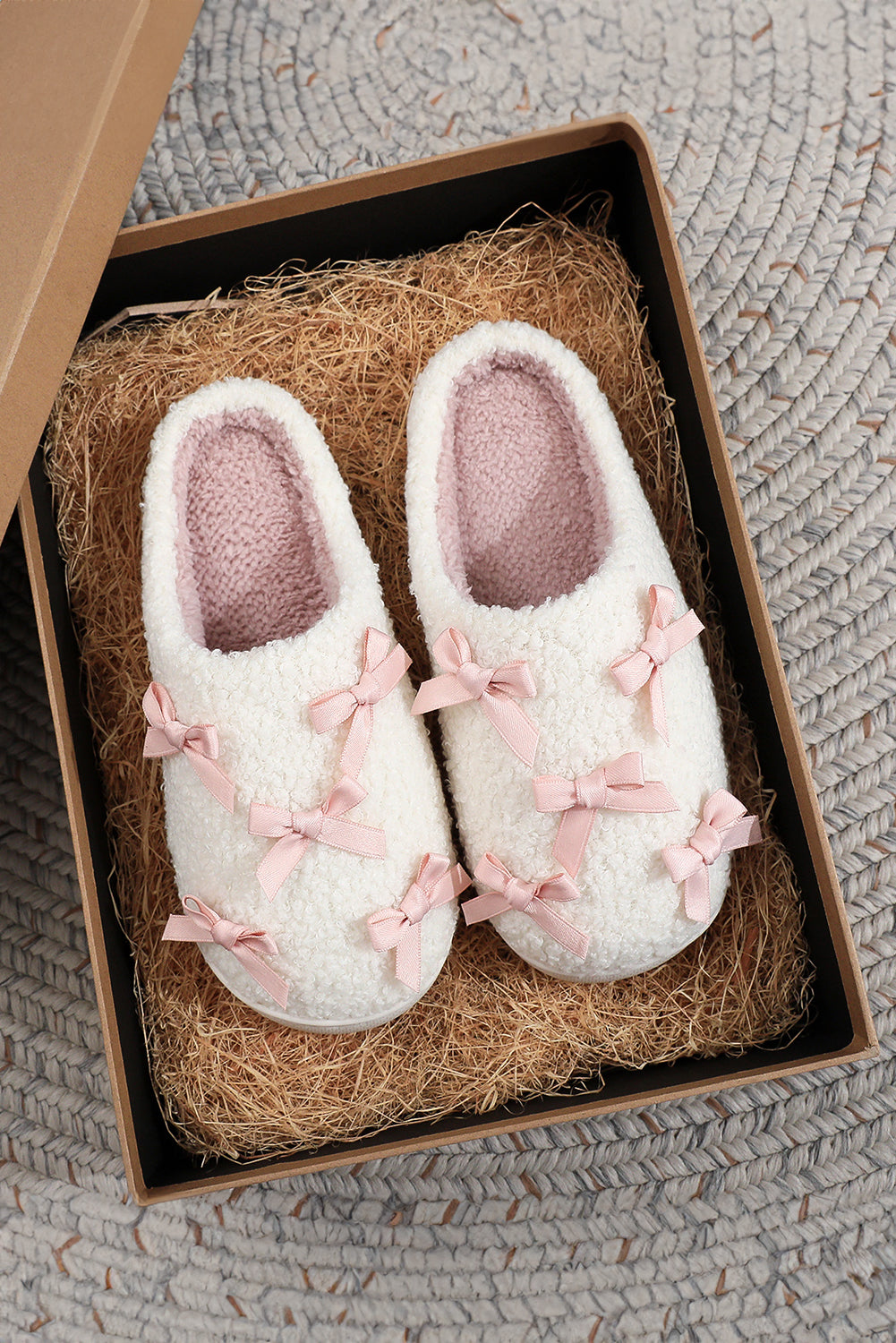Ribbed Bow Decor Plush House Slipper