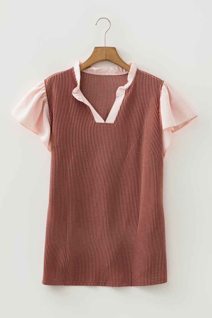 Rose Pink Plus Size Contrast Frilled Neckline Ruffled Short Sleeve Ribbed Textured Blouse
