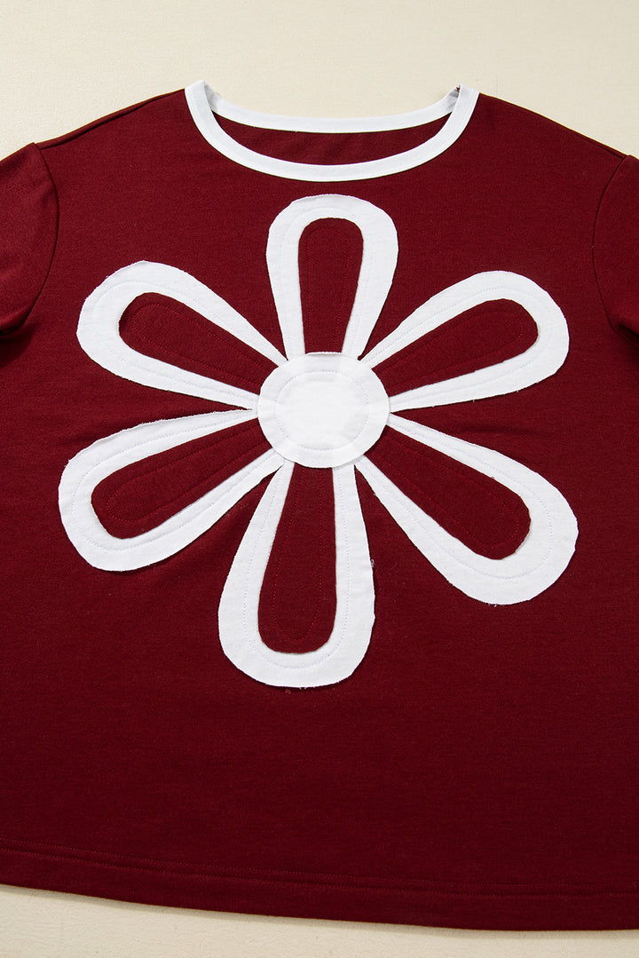 Red Dahlia Cheerful Daisy Flower Patched Round Neck Long Sleeve Top