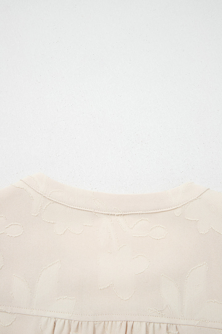 Parchment Long Sleeve Notched Neck Jacquard Tiered Mini Dress