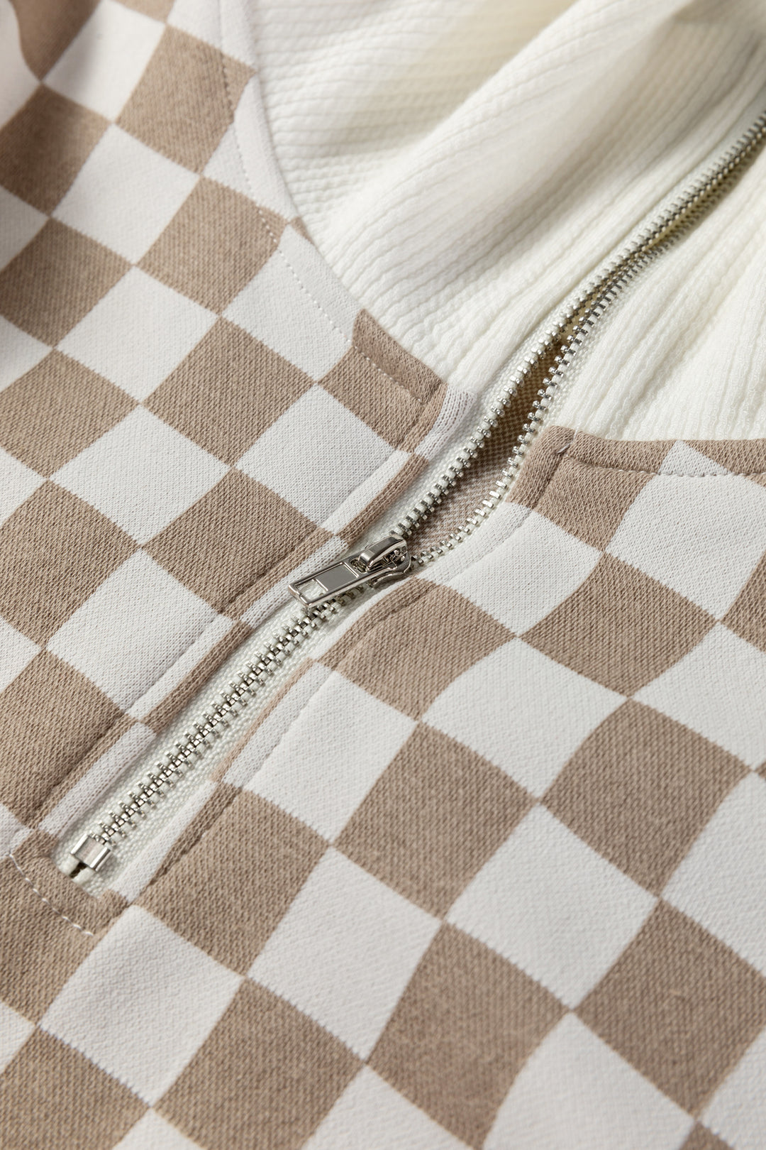 Checkered Print Quarter Zip Ribbed Patchwork Loose Sweatshirt