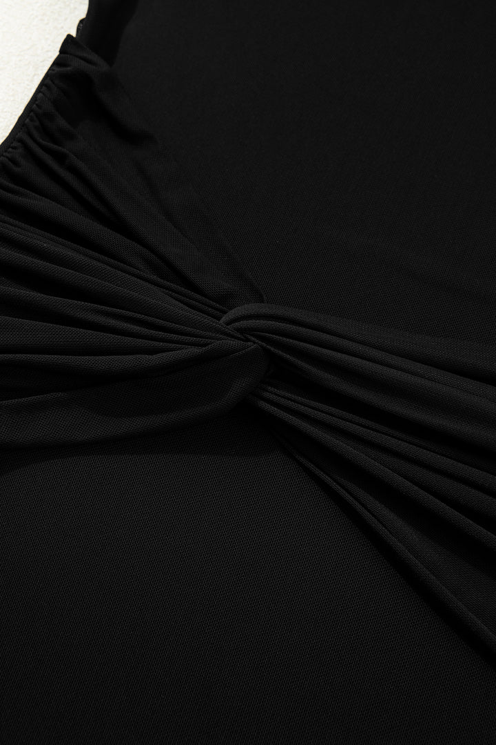 Black Sheer Mesh Long Sleeve Twisted Knot Side Slit Midi Dress