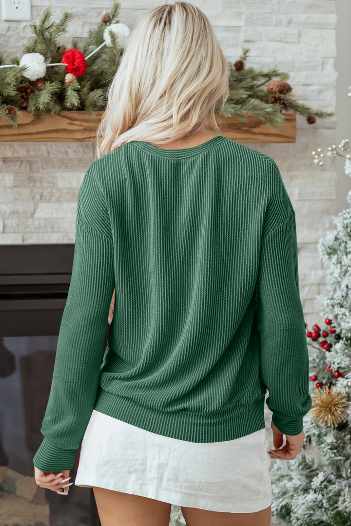 Blackish Green Twisted Rib Outlined Merry Letter Graphic Loose Long Sleeve Top
