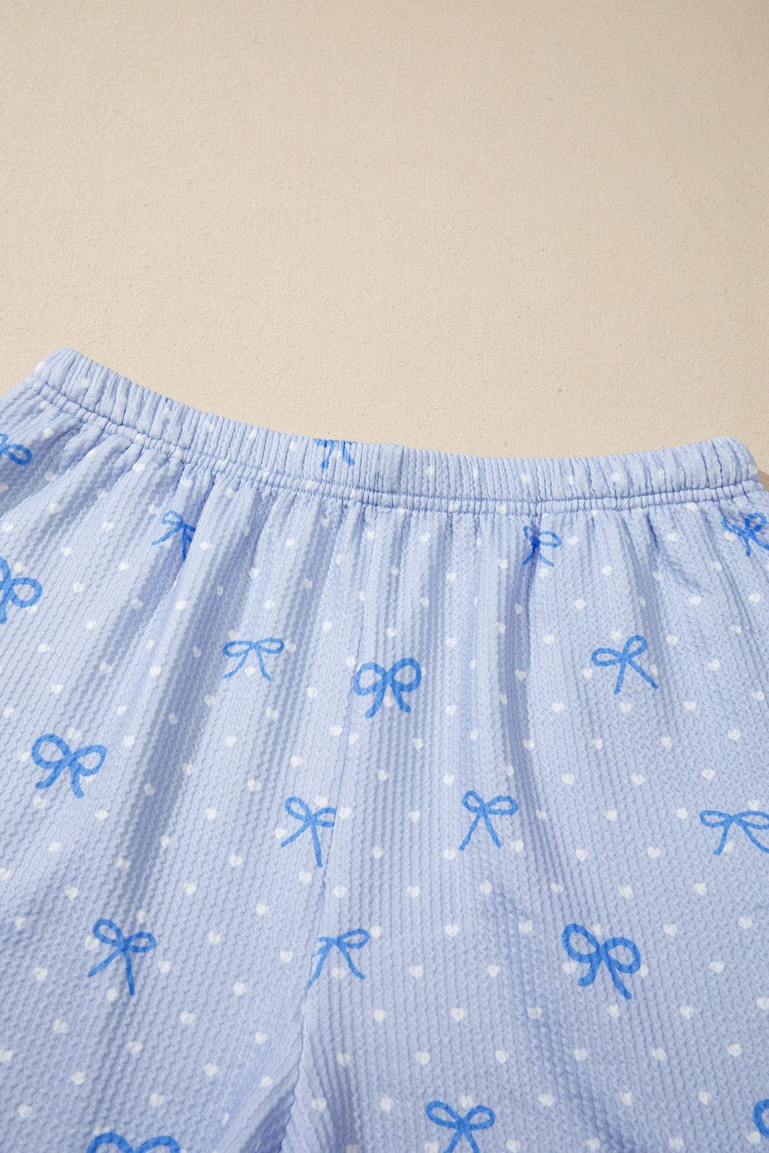 Sky Blue Tiny Heart Bow Print Twisted Rib Loose 2pcs Short Set