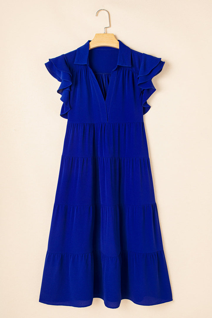 Ruffled Short Sleeve Collared V Neck Tiered Midi Dress