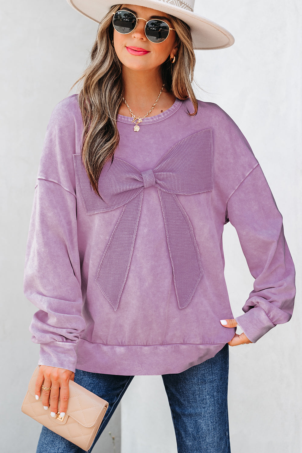 Mineral Wash Big Bow Patchwork Pullover Sweatshirt