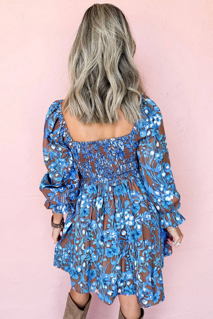 Smocked Bodice High Waist Ruffled Sleeve Floral Dress