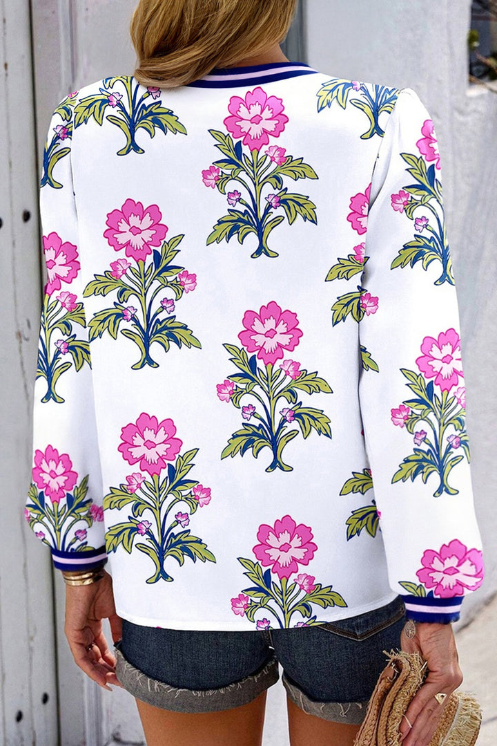 White Floral Print Striped V Neck Blouse