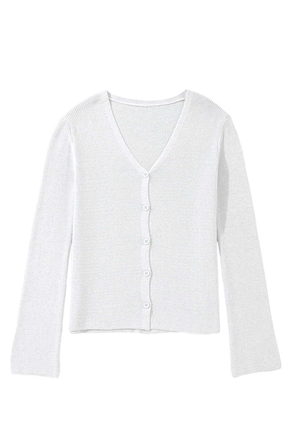 White Lightweight Ribbed Knit Button Front V Neck Cardigan