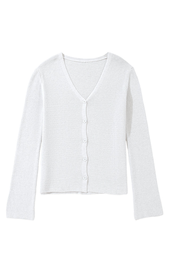 White Lightweight Ribbed Knit Button Front V Neck Cardigan