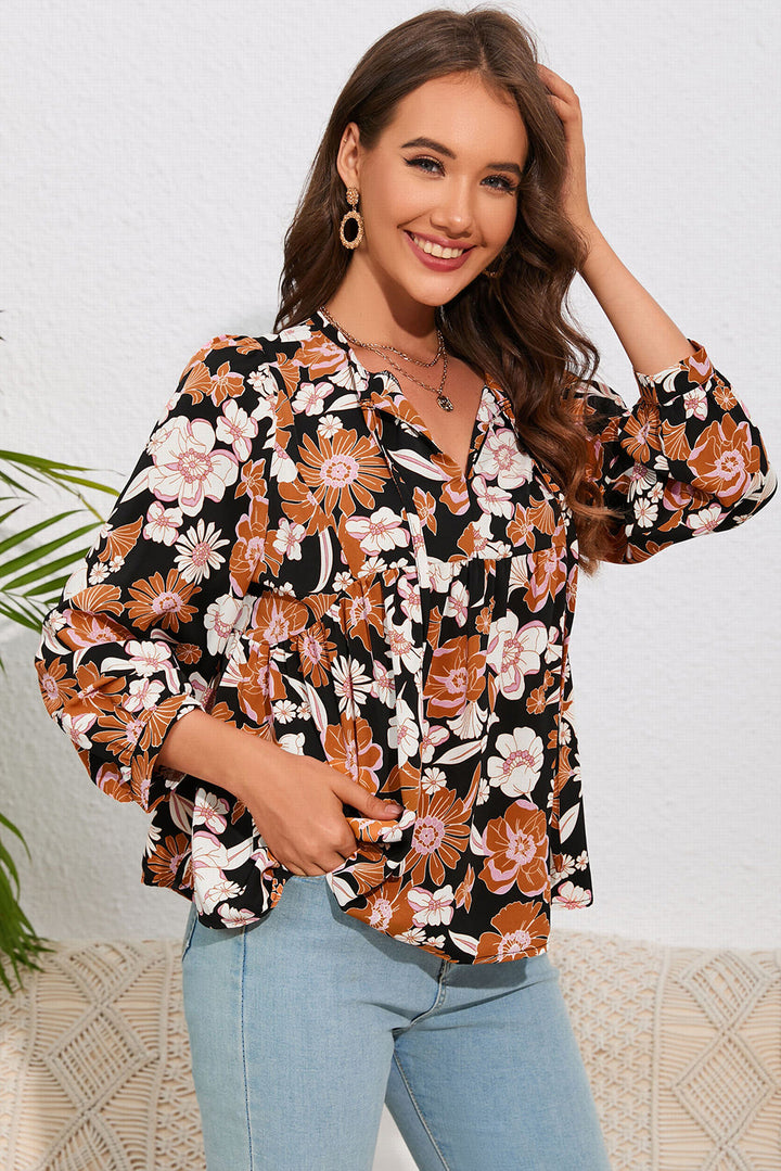 Brown Floral Print 3/4 Sleeve Babydoll Blouse