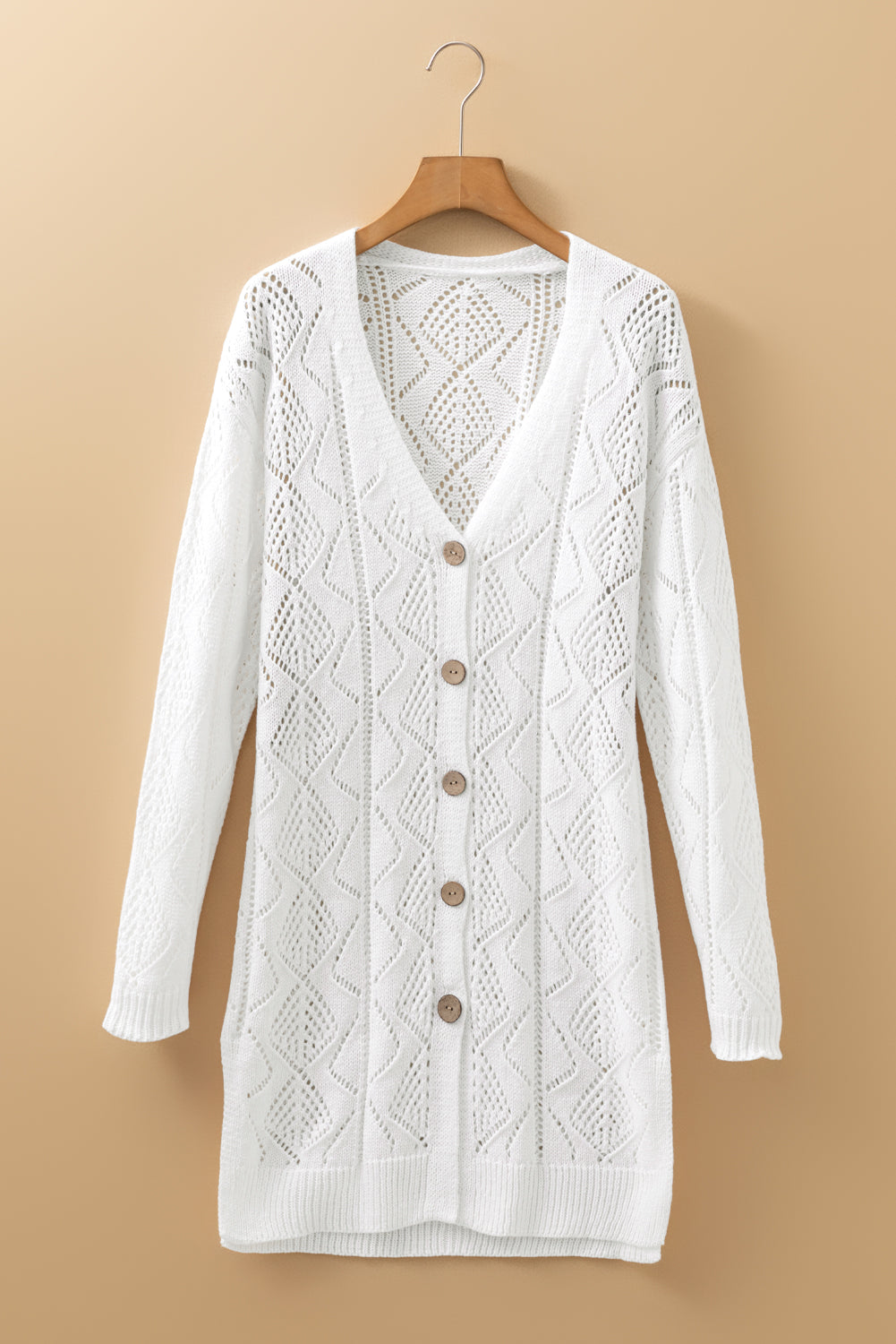 White Hollow-out Openwork Knit Cardigan