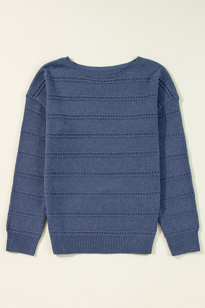 Real Teal Boat Neck Drop Shoulder Pointelle Knit Sweater