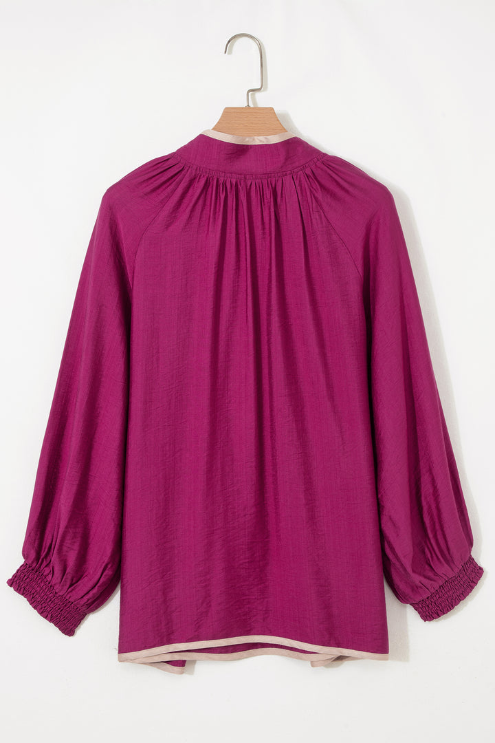 Wild Ginger Plus Size Contrast Trim Button V Neck Puffy Bracelet Sleeve Blouse