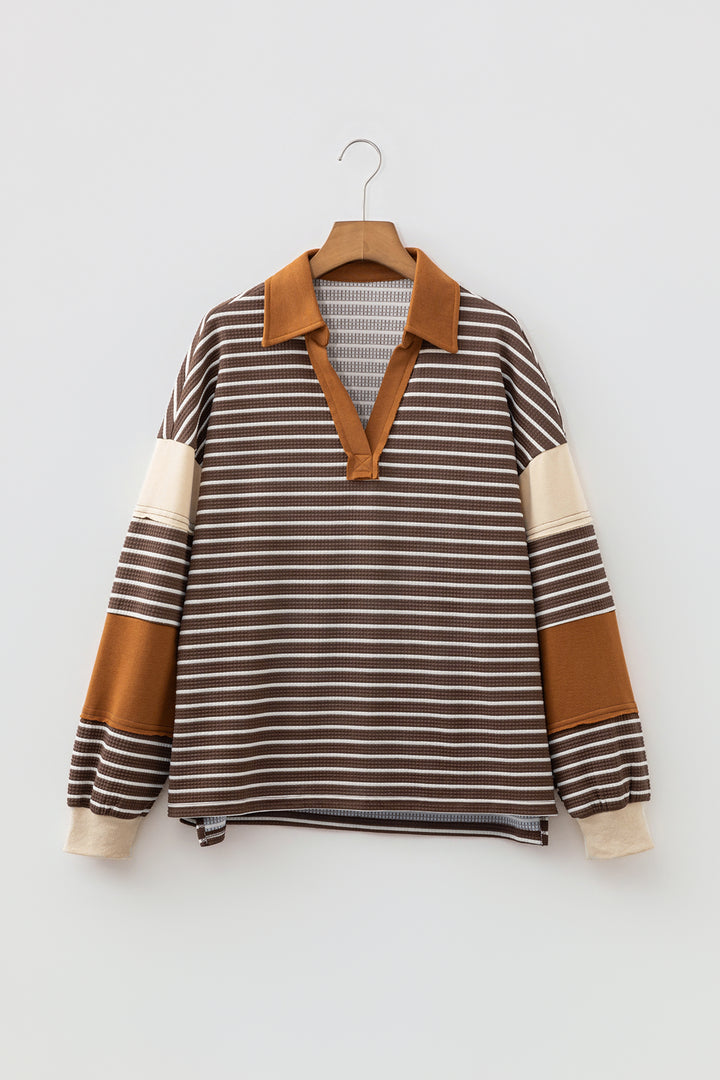 Brown Stripe Collar V Neck Color Block Detail Long Sleeve Pullover Top