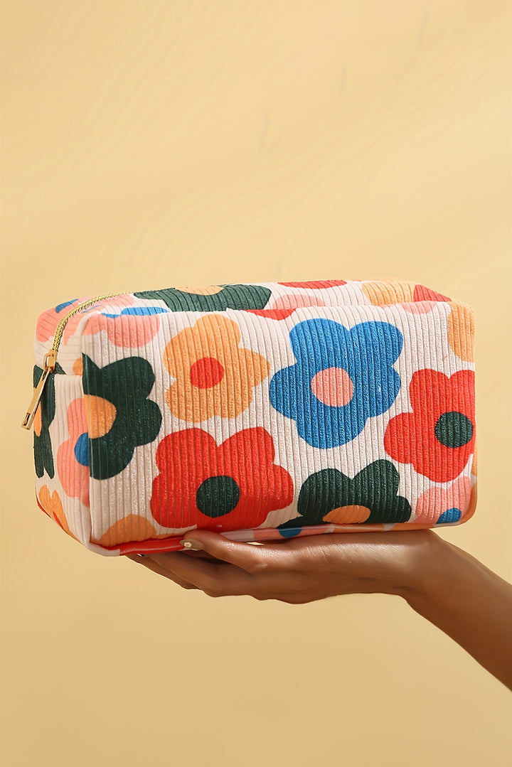 Flower Print Zipper Square Corduroy Cosmetic Bag