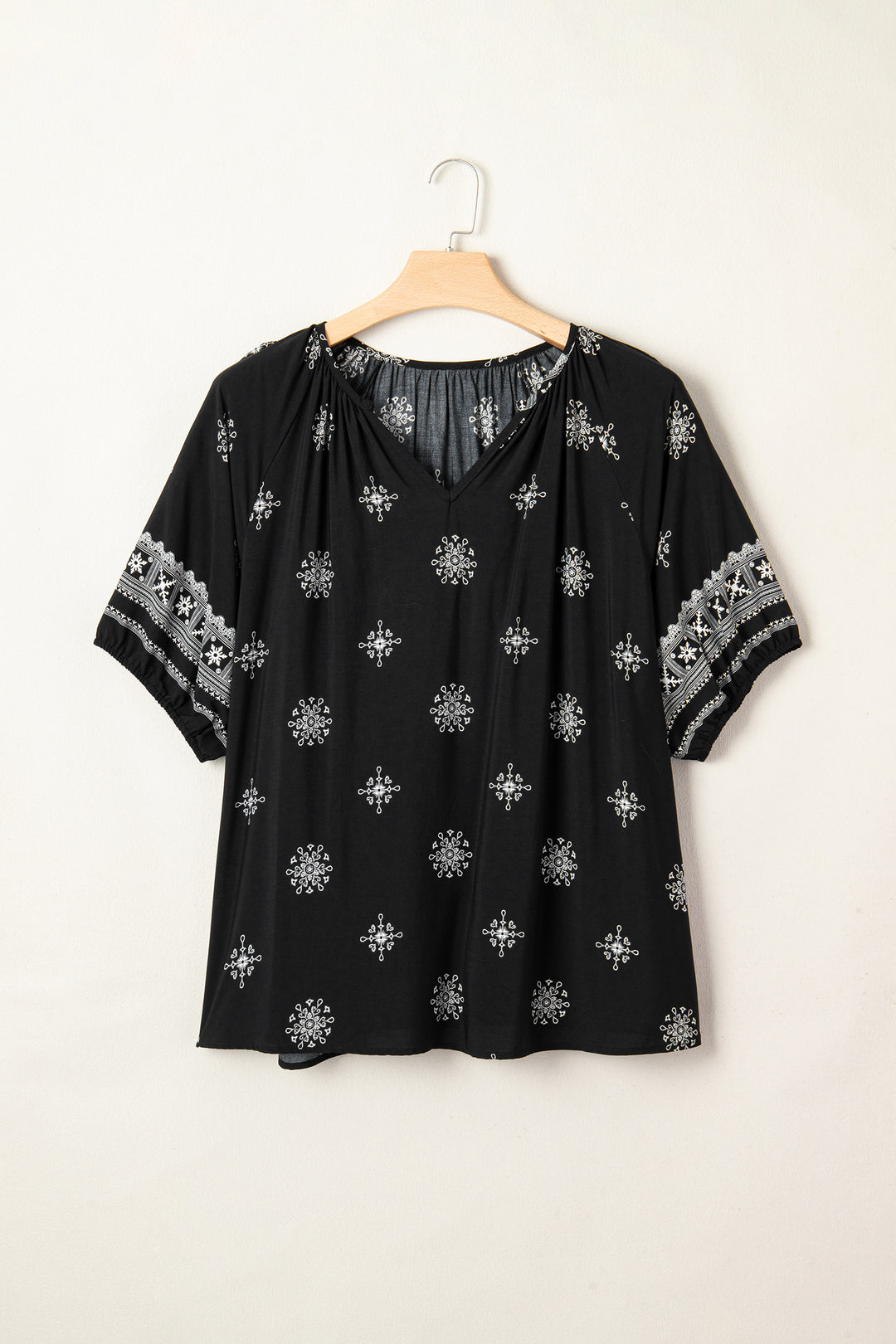 Black Boho Chic Notched V Neck Plus Floral Short Sleeve Top