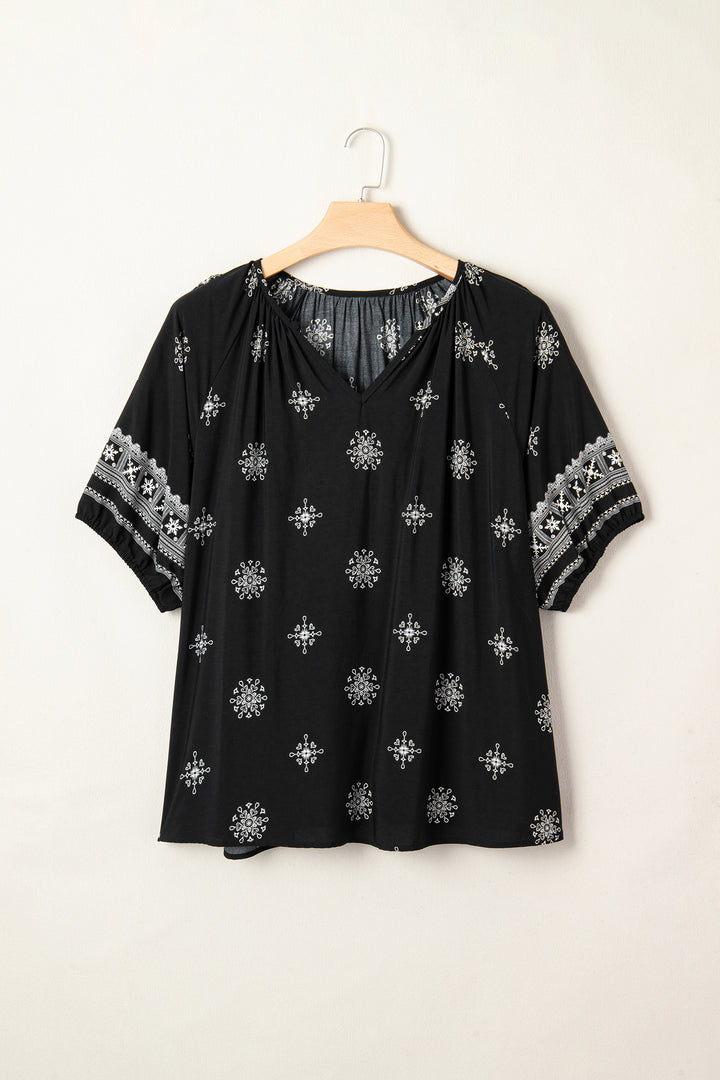 Black Boho Chic Notched V Neck Plus Floral Short Sleeve Top