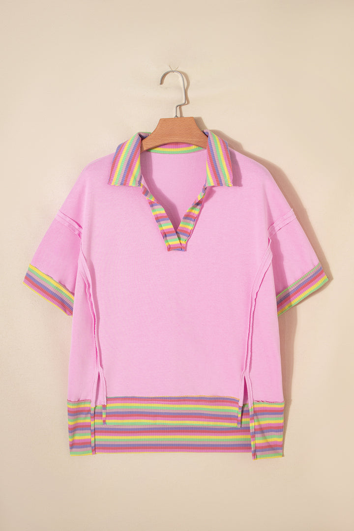 Pink Rainbow Stripe Ribbed Patchwork Raw Seam Oversize Polo Tee